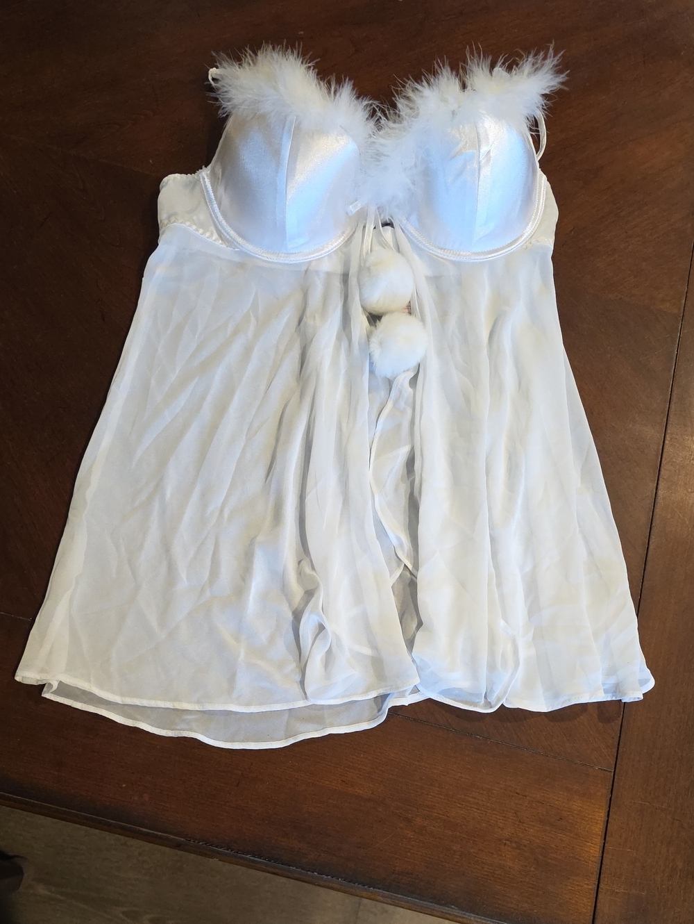 (J31) Cabernet Sheer White Feather-Trim Babydoll Chemise